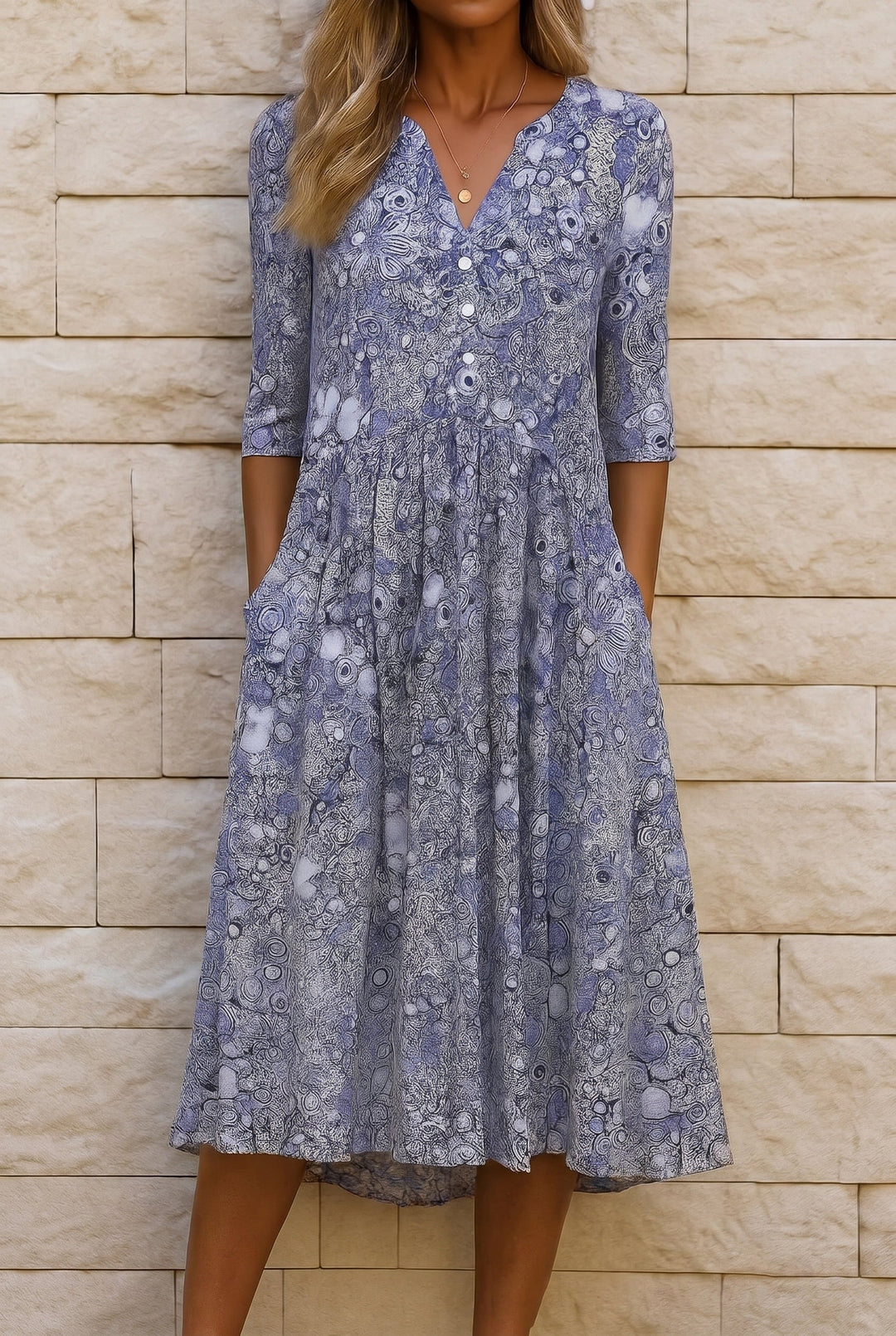 Robe midi fluide col V motif graphique pour femme