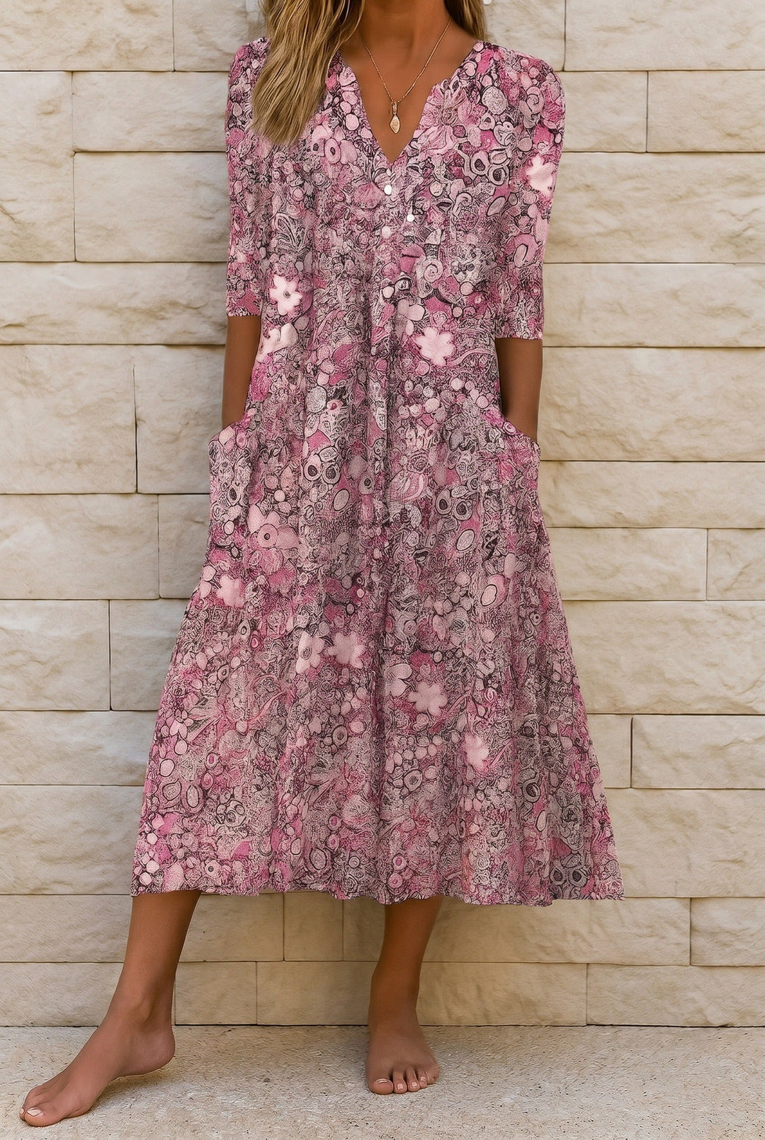 Robe midi fluide col V motif graphique pour femme