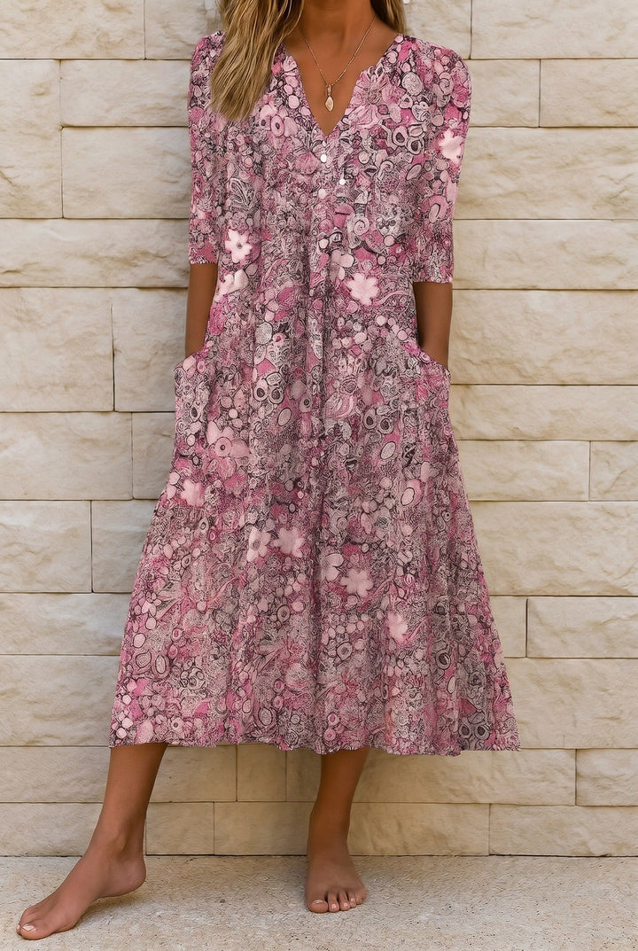 Robe midi fluide col V motif graphique pour femme