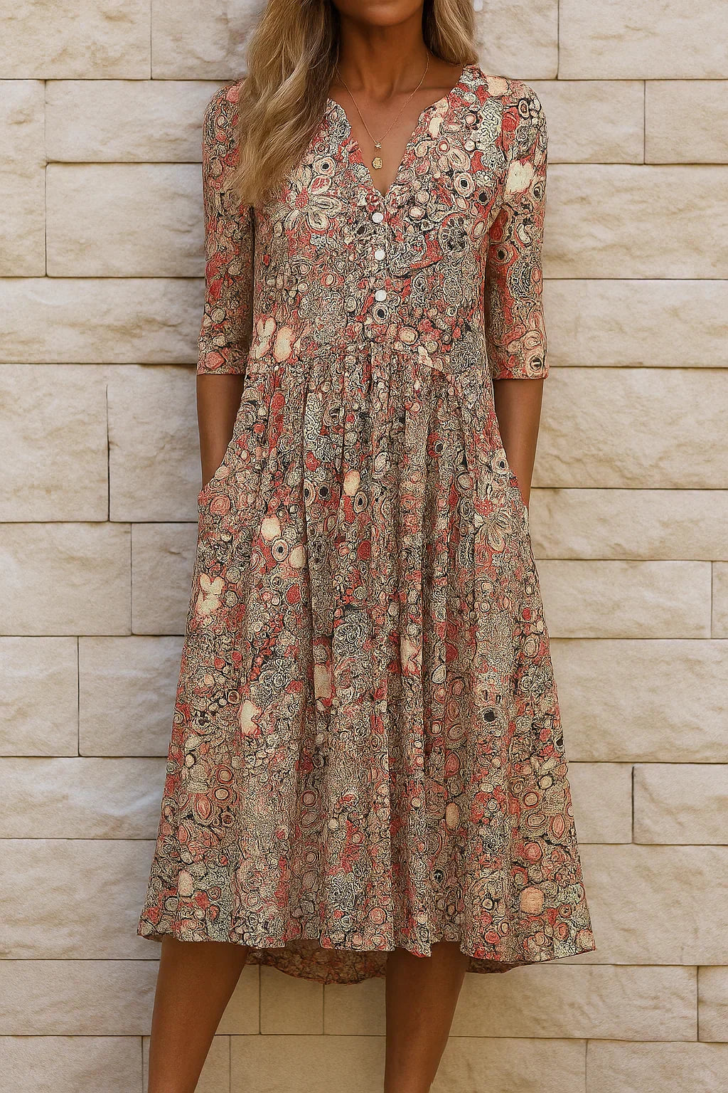 Robe midi fluide col V motif graphique pour femme