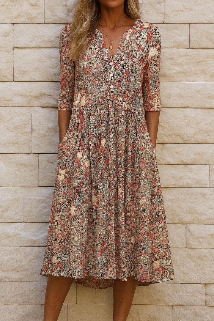 Robe midi fluide col V motif graphique pour femme