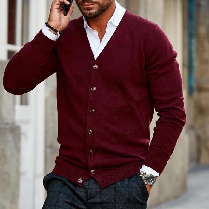 Gilet Homme Col V Boutonné – Cardigan Classique Chic Coupe Ajustée, Chaud et Intemporel